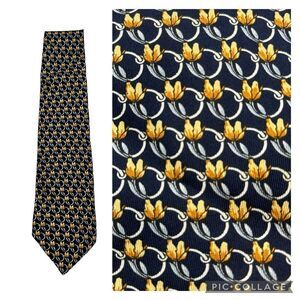 Men’s Lancel Paris Brand 100% Silk Navy‎ and Yellow Floral Neck Field